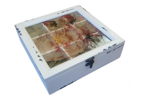 gallery image of Tea Chest Wooden with peony Glass lid
