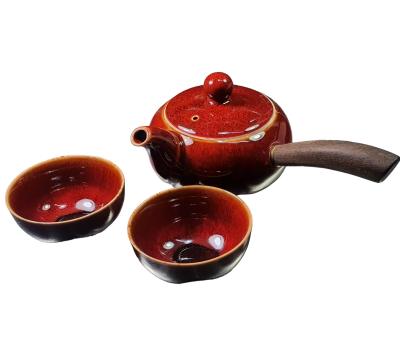 image of Kyusu Red Teapot set - wooden Handle 